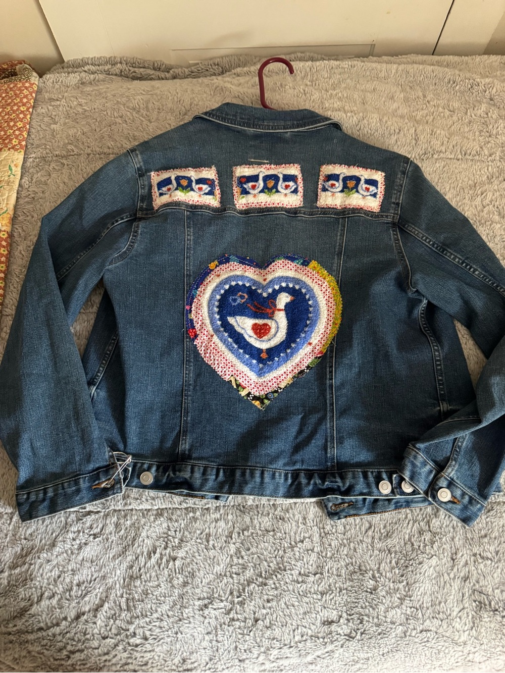 Custom Jean Jacket with vintage upcycled goose towel